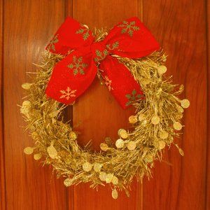 Golden Tinsel Red Ribbon Holiday Festive Wreath